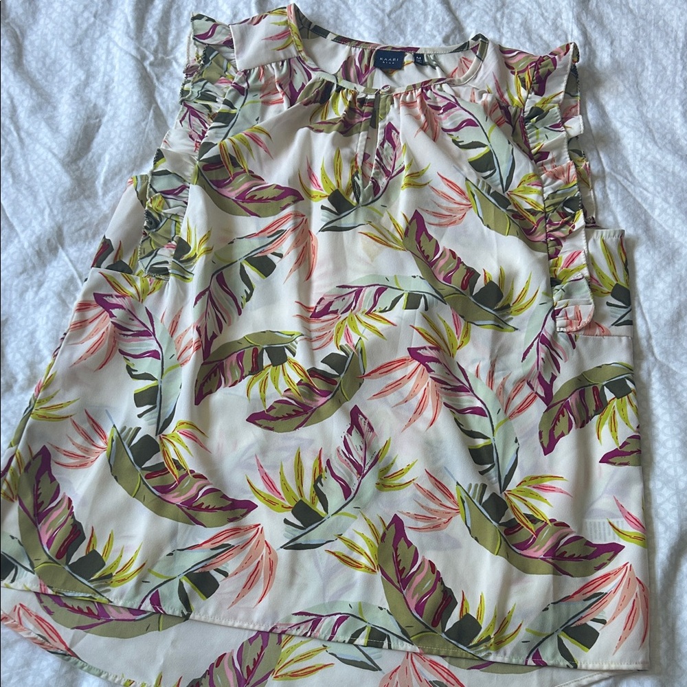 Kaari Blue Leaf Print Blouse - Pink, Green, Yellow
